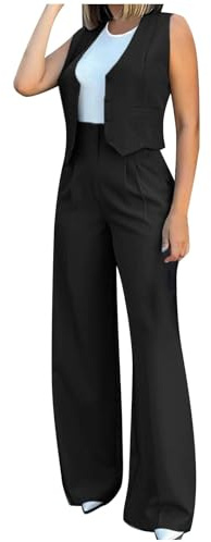 Generisch Traje de pantalón de mujer de 2 piezas con cuello en V chaleco sin mangas blazer y pantalones anchos elegante atuendo de negocios para oficina y boda, 01, M