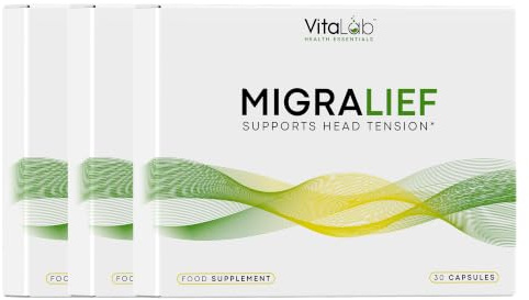 VitaLab Migralief Capsules | Migraine & Head Tension Relief with Levagen®+, CoQ10, Vitamins B3 B6 B12, Linseed & Damask Rose Oil | Neuro Anti-Inflammatory Supplement | 30 Capsules