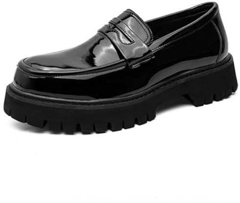 HHMYJUQA Mocassini da Uomo con Suola Spessa A Carrarmato Slip-On in Pelle Verniciata Scarpe da Cerimonia Mocassini Casual con Plateau,Black 1,43 EU