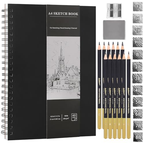 KMFYMPT Carnet de Dessin A4, Papier Dessin Papier Épais 200g/m², Cahier Dessin, Avec Crayon Graphite (F-8B), Gomme et Taille-Crayon, Convient Aux Débutants et Aux Artistes
