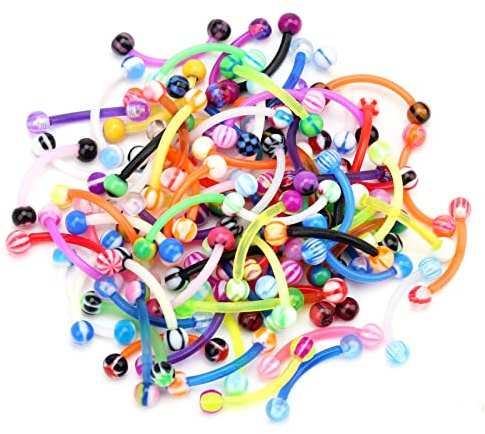 CrazyPiercing Colorful Ball Acrylic Flexible Curved Bar Eyebrow Rings Tragus Piercing Jewelry, 50Pcs, 16G