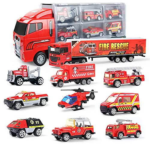 Joyfia 10 in 1 Camion dei Pompieri Giocattoli Macchina dei Pompieri Mini Veicoli Vigili del Fuoco Giocattolo Pompieri per bambini di 3 anni
