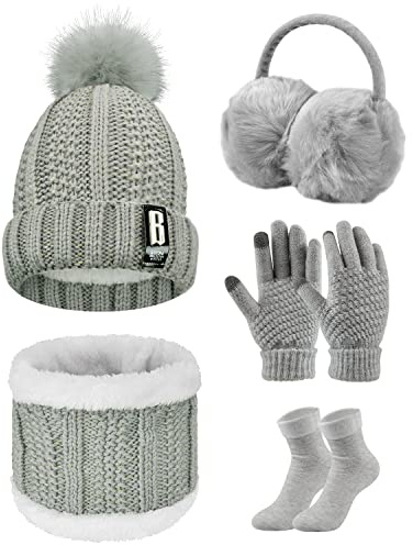 UMIPUBO Set de Bufanda y Gorro - Conjunto de Excursión y Esquí de Invierno para Mujeres - 5 piezas Guantes de Punto, Orejeros Medios (Gris, Talla única)