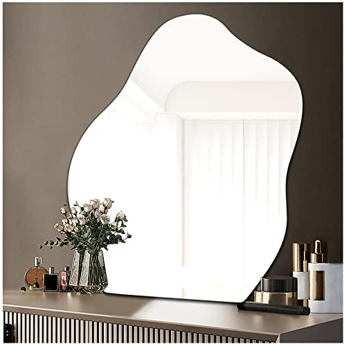 Sqinor Självhäftande oregelbunden spegel utan ram, glas, självhäftande på väggspegel, badrumsspegel, dekorativa speglar väggdekoration, rumsdekor för toalettbord, sovrum (finslipning, 38 x 47,8 cm, 1