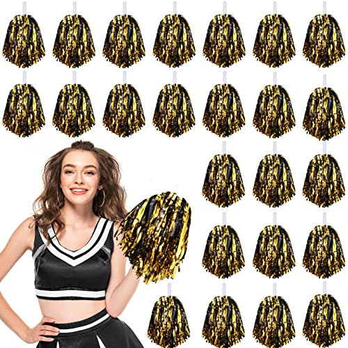 Hanaive 24 Pcs Cheerleading Pom Poms Bulk with Handle, Black, Gold