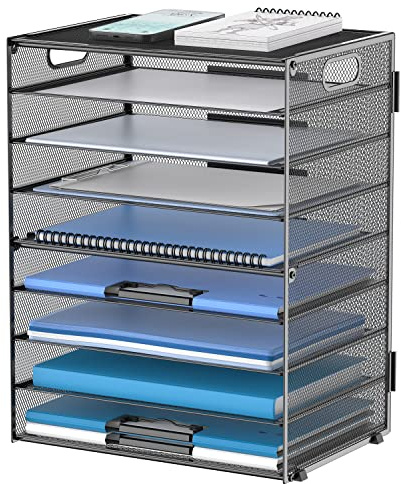 DALTACK 9-Tier Paper Organizer for Desk, Mesh Letter Tray Desk Organizer with Handles, Space-Saving File Organizer for Office Home School Classroom, Black