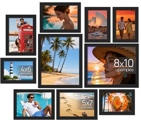 upsimples 10 Pack Picture Frames Collage Wall Decor for Mounting or Tabletop Display, Photo Gallery Frame Set for Family, Multi Sizes Including 8x10, 5x7, 4x6, Black