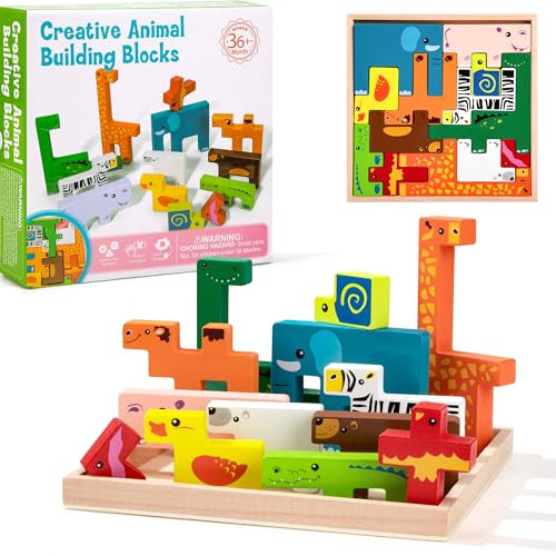 Wisplye Montessori Puzzle Jouet à Empiler en Bois, Jeux d'empilage Animaux Blocs, Tetris Puzzle 3D Balance Blocks, Jeux Educatif Cadeau de Noël pour Garçons et Filles Enfants 3 4 5 Ans