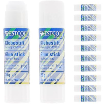 Westcott Klebestift 20g (12 Stück) | 12-er Vorteilspack Bastelkleber mit 2cm transparentem Klebestreifen | Klebt stark und dauerhaft | 100% lösungsmittelfrei | Bei 30° abwaschbar | E-730372 00