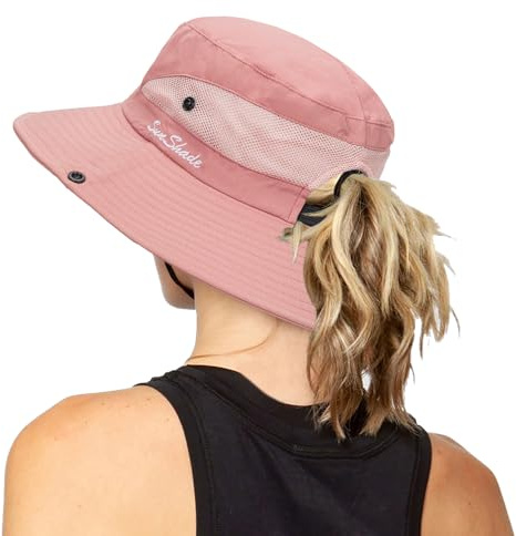 Women's Outdoor UV-Protection-Foldable Sun-Hats Mesh Wide-Brim Beach Fishing Hat with Ponytail-Hole, Pure Pink, One Size