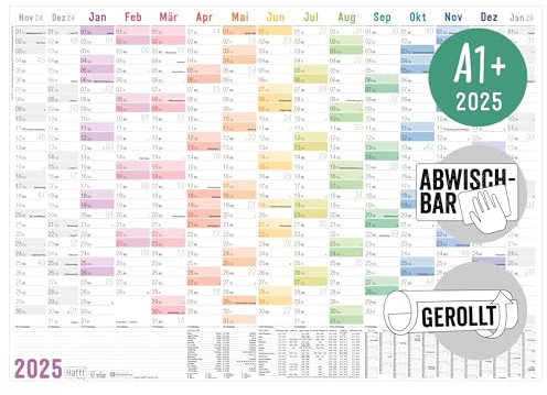 Häfft® abwischbarer Wandkalender 2025 groß Rainbow 89 x 63 cm (größer als A1) gerollt, Wandplaner für 15 Monate: Nov 2024 - Jan 2026 - nachhaltig & klimafreundlich