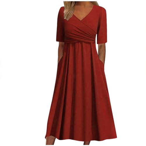 Robe d'Été pour Femme - Mi-Longue Mini Robe Décontractée Hawaïenne - Robe Droite Manches Courtes - Robe T-Shirt Grande Taille Col en V - Robe de Plage - Portefeuille (Rouge, XXXL)