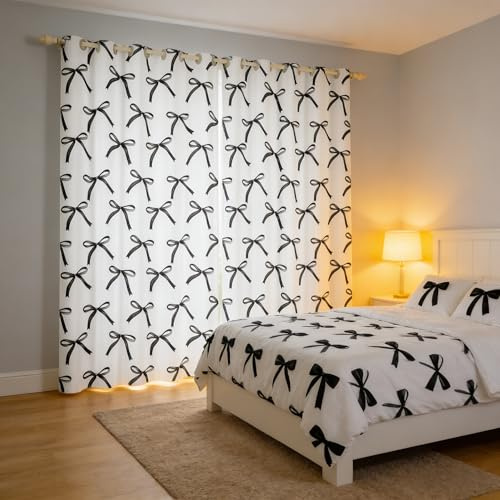 Cartoon Bowknot Kids Blackout Curtains,Bow Tie Geometric Patchwork Modern Window Drapes for Girls Women,Bow Butterfly Knot Black White Simple Window Treatments Grommet Top 2 Panel Set,42Wx84L inch