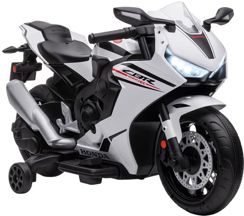 HOMCOM Moto Elettrica per Bambini con Licenza HONDA, Moto per Bambini Elettrica con Batteria 6V Ricaricabile, Velocità 3 km/h, Musica e Rotelle, Bianco