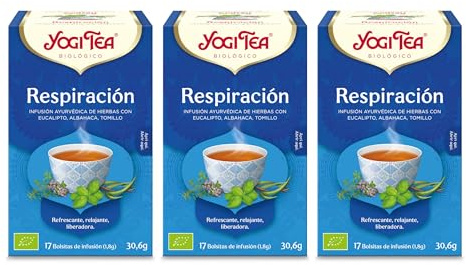 Yogi Tea - Respiración Bio - Con Eucalipto, Albahaca y Tomillo - Sin Cafeína - 3x17 bolsitas (51 bolsitas en total)