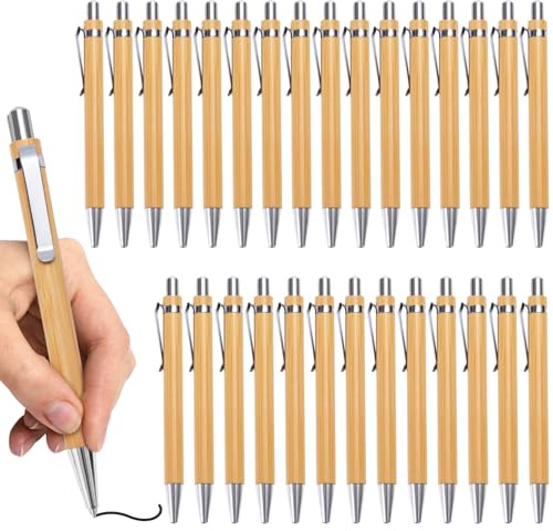 Jesustree Penne a Sfera in Legno di Bambù, Set di 30 Retrattili Penna a Scatto a Inchiostro Gel Nero 1.0 mm come Strumento di Scrittura per Vita Quotidiana In Scuola Ufficio Casa Articoli
