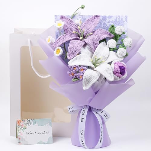 Bouquet de fleurs au crochet – Bouquet de fleurs tricotées à la main avec roses et lys – Fleur artificielle au crochet pour la fête des mères, anniversaire, mariage, décoration d'intérieur – Sac