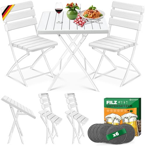 KESSER Juego de muebles de balcón de 3 piezas con 2 sillas, resistente a la intemperie y a los rayos UV, juego de asientos plegables, acero revestido y aspecto de madera, juego de muebles de jardín