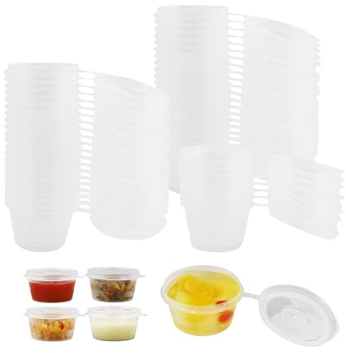 100 Piezas Tarros de Plastico con Tapa Pequeños, 25ml Contenedores de Plástico Recipientes Herméticos Comida Vasos, Indicado para Salsas, Sopas, Condimentos, Cremas (1oz)