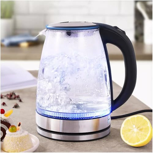 1.8L Electric Glass Kettle, 1500W, 5 Mins Fast Boil Tea Kettle with Blue LED, BPA-Free, Auto Shut-off, Boil-Dry Protection, Removeable Lid for Easy Cleaning, 360° Swivel Base, Stainless Steel Filter