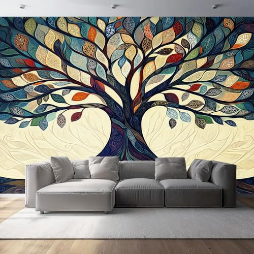 Fotomurales Árbol Planta Arte Papel Pintado Tejido No Tejido 300 x 210 cm Fotográfico Mural de Papel Tapiz Para Sala de Estar Dormitorio Coración Habitación Infantil, Verde Beige