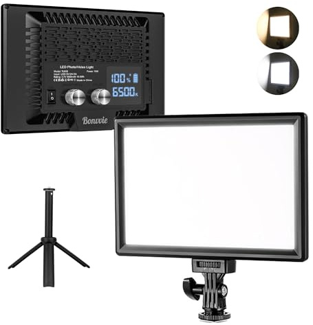 Luz LED Video 9, Bonvvie 3000-6500K Iluminación de Foto para Estudio y Fotografía al Aire Libre, Vlog, Videoconferencia, Transmisión en Vivo, CRI 97+ Bicolor Luz de Cámara con Batería Li-Ion 5000mAh