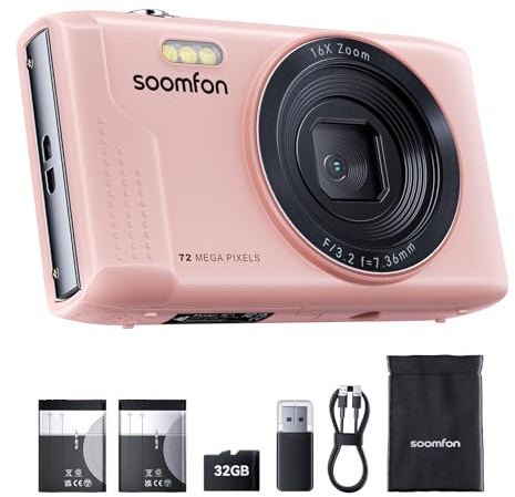 SOOMFON Appareil Photo Numérique Max 72MP avec vidéo 1080P, Digital Camera Zoom 16X 19 Filtres, Appareil Photo Compact avec 2 Batteries et Carte 32 Go, Digital Camera pour Adulte/Débutant/Enfant-Rose