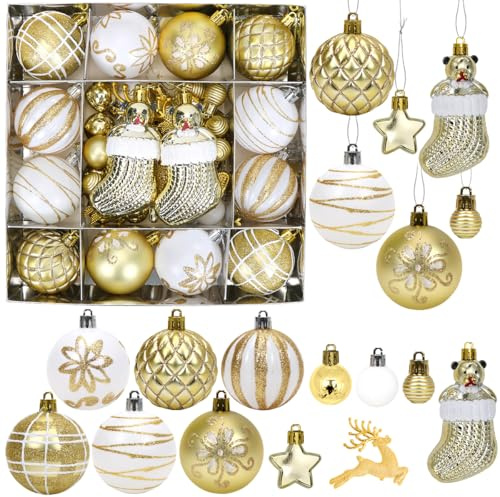 Boule de Noel Or et Blanc, 44pcs Decoration Noel Sapin Boules Plastique Doré et Blanche pour Sapin de Noël Décoration Fête