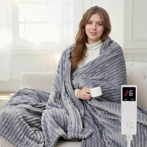 Wärmedecke Elektrisch Heizdecke mit Abschaltautomatik 150x200cm, 10 Temperaturstufen & 6H Timer, Überhitzungsschutz, Flanell, Weich und hautfreundlich, Maschinenwaschbar Für Betten & Sofas, Grau