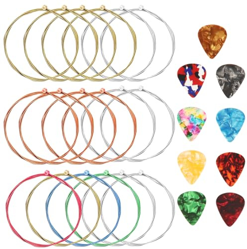 Acoustic Guitar Strings Set 3 Sets of 6 Steel Guitar Strings Replacement | Include 9 Pieces 3 Sizes Celluloid Guitar Picks for Beginners (1 Brass, 1 Gold and 1 Multicolor Set)