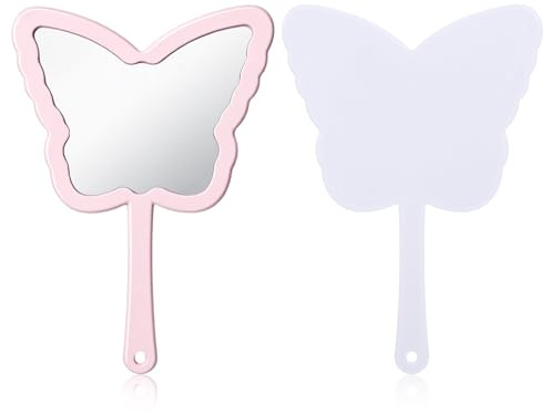 Shimmeroo 2-pack fjärilsspegel handhållen – vit och rosa | 35 x 20 cm liten söt handspegel med handtag, söt prinsessa kompakt för smink