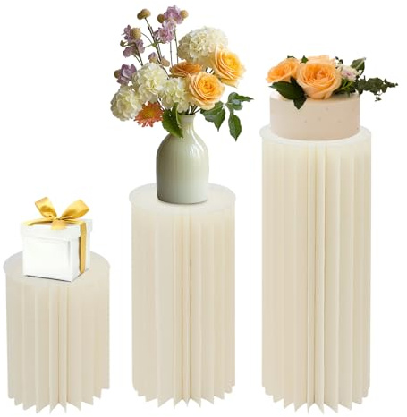 3 stycken blompelare för bröllop, kartong, blomstöd, dekorativ pelare, vikbar dekorationpelare med PVC-plattor, cylindriska mittstycken, kreativt för bröllop, fest, trädgård (vit)