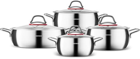 Karaca Emirgan 8 pezzi, set di pentole in acciaio, set di pentole, set di pentole, acciaio inox, adatto all'induzione con coperchio in vetro e set di pentole in acciaio inox