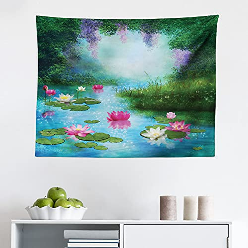 Ambesonne Nature Tapestry, Fantasy Pond Water Lilies Floating Romantic Lotus Digital Art, Fabric Wall Hanging Decor for Bedroom Living Room Dorm, 28 X 23, Aqua Pink Green