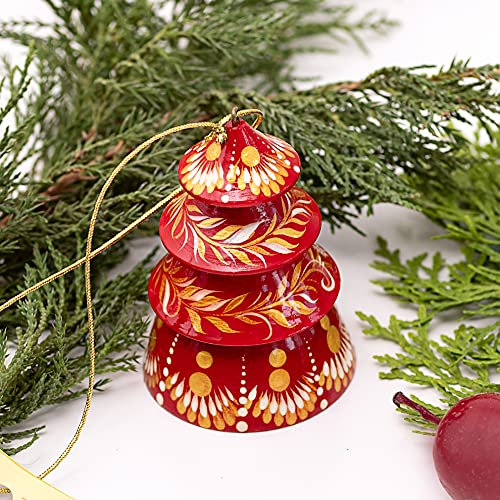 Bell in the shape of Christmas Tree Ornament Wooden Hanging Decoration 2,6 х 1,6 Inch | 6,5 х 4 cm Handmade and Hand-Painted with Ukrainian Petykivka Painting in red and gold