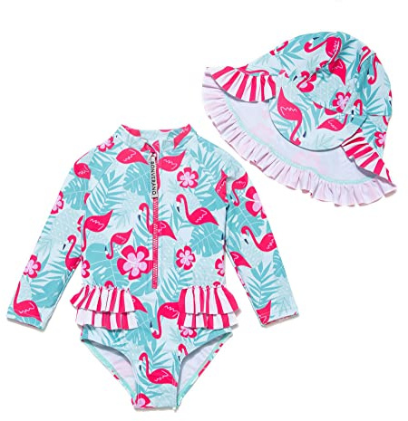 BONVERANO Traje de baño de una Pieza para niña, Mangas largas, protección UV 50+ con Gorra(Rojo-Flamenco,24-36meses…
