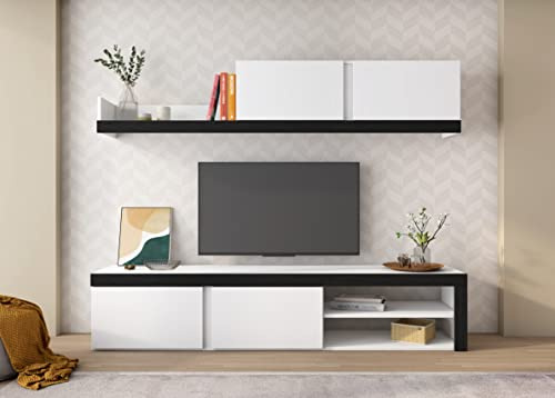 Skraut Home | Sala de estar IDEM Blanco | Juego de muebles | Unidad de pared | Mueble bajo TV | Comedor, conjunto de salón color blanco/negro | Almacenamiento estilo moderno 200 x 180 x 40 cm