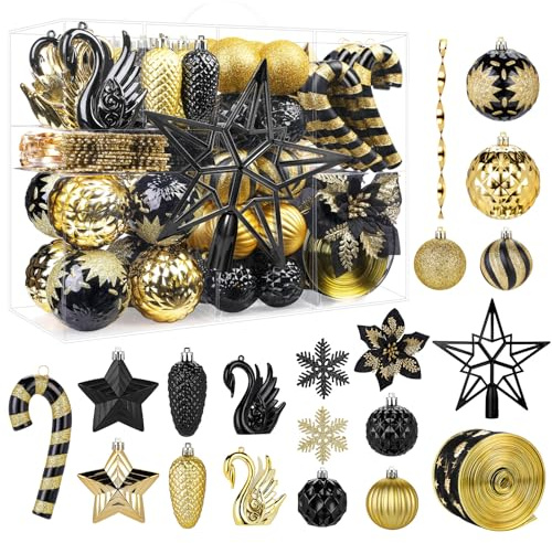 Alupssuc 128 Teiliges Weihnachtskugel-Ornament-Set, Bruchsichere Christbaumschmuckkugeln, Weihnachtsblumen, Bänder, Baumspitze für Weihnachtsbaum, Feiertage, Hochzeitsfeiern mit Haken, Schwarz & Gold