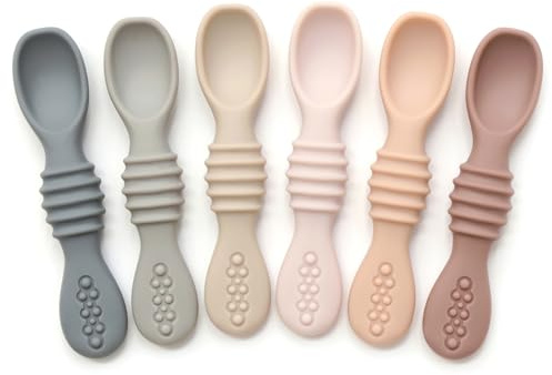 PrimaStella Silicone Chew Spoon 6-Piece Set | First Stage Feeding Spoons | Baby Led Weaning Supplies | BPA Free | Dishwasher and Boil Safe | Neutral Palette