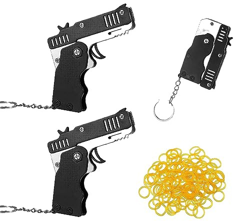 Haqatr 2pcs Rubber Band Gun with 120 Pcs Soft Elastic Rubber Bands Metal Folding Launcher Toy Keychain for Shooting Outdoor Indoor Activities Game(Black)