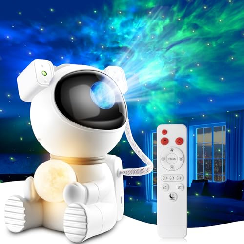 Aoshet Astronaut Galaxie-Projektorlicht, 2-in-1 Sternenhimmel Projektor mit Mondlampe, Led weltraum projektor mit 360°Einstellung und Fernbedienung, Dekor für Schlafzimmer/Zuhause/Party (Weiß)