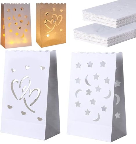 Foeipy 20 Stück Papier Lichttüten Weiß Candle Bags Papiertüten mit Herz, Mond und Sterne Design Papierlaternen Kerze Taschen für Party, Hochzeit, Valentinstag