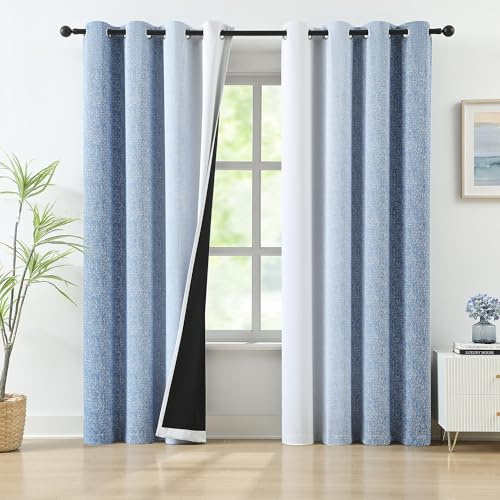 Blue Ombre Blackout Curtains 84 Inch Length Gradient Room Darkening Curtain Drapes for Living Room Bedroom Thermal Insulated Energy Saving Grommet 2 Window Panels, Pure White to Navy Blue, 52 W