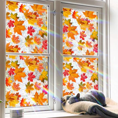 Tanlaby Foglie Autunnali Vetrofanie Pellicola per Finestre Piante Arcobaleno Autoadesive Pellicola Privacy Autunno Statici Anti-Collisione Finestra Vetro Porte Decalcomanie, 45x100cm