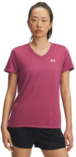 Under Armour Damen Tech Short Sleeve V Neck, (659) Fuchsia Dusk/White, Groß