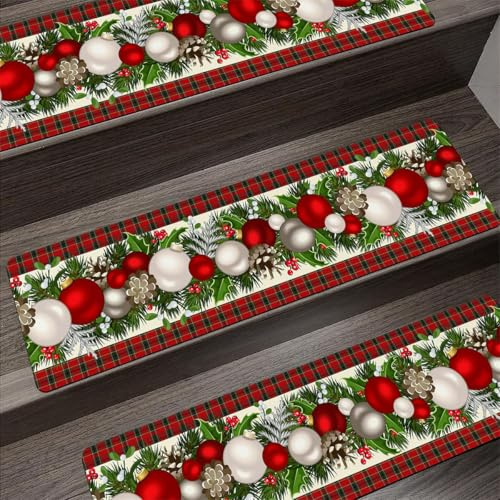 Surwin 5 Pezzi Tappeti per Scale per Gradini in Legno, Tappeti in Gomma Antiscivolo Interne con Stampa Natalizia Rossa, Tappeto Pedate per Scale Riutilizzabile Lavabile (76x20cm,Palle di Natale)