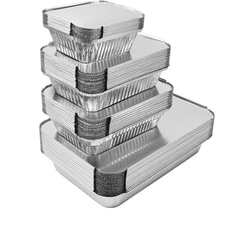 Xinfuquan 40 Piezas Bandejas para Hornear de Papel de Aluminio,2200ml/1000ml/800ml,410ml,Bandejas de Aluminio con Tapa para barbacoa para Asar,Horno y Congelador Cocinar Hornear Sartenes