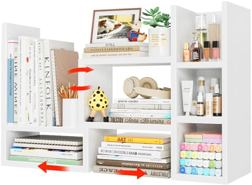 NUTIKAS Desk Shelves Desktop Organizer Shlef - White Office Organization for Top of Desk Organizers and Accessories Corner Bookshelf Table Top Shelving Small Hutch Decorations for Women Office