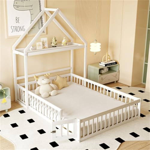 Kinderbett 140x200 cm Doppelbett aus Massivholz Bodenbett Vollschutzgitter und Türen und Lattenrost Bettgestell Jugendbett für Jugendliche Hausbett Weiß