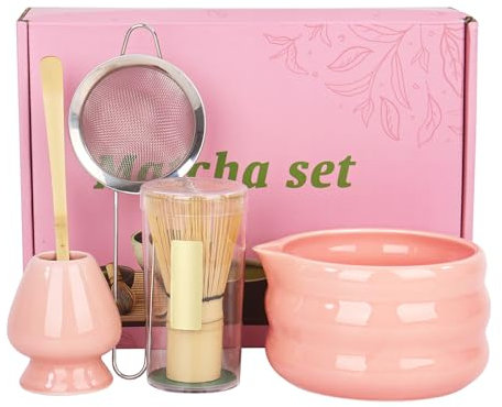 Set of 5 Matcha Tea Set with Whisk and Bowl, Matcha Kit for Ceremony Ceramic Matcha Bowl Gift for Tea Lovers(Pink)